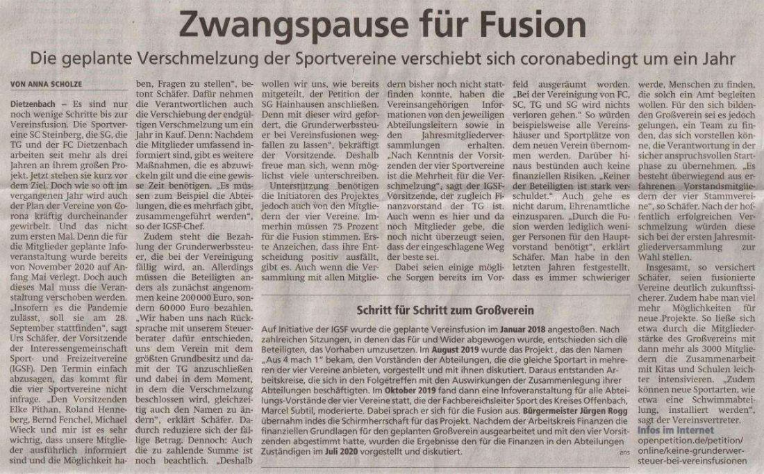 Presseartikel zur Zwangspause für Fusion