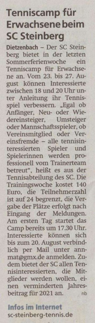 Presseartikel zum Tenniscamp für Erwachsene
