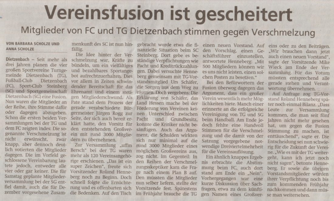 Pressebericht zur gescheiterten Vereinsfusion